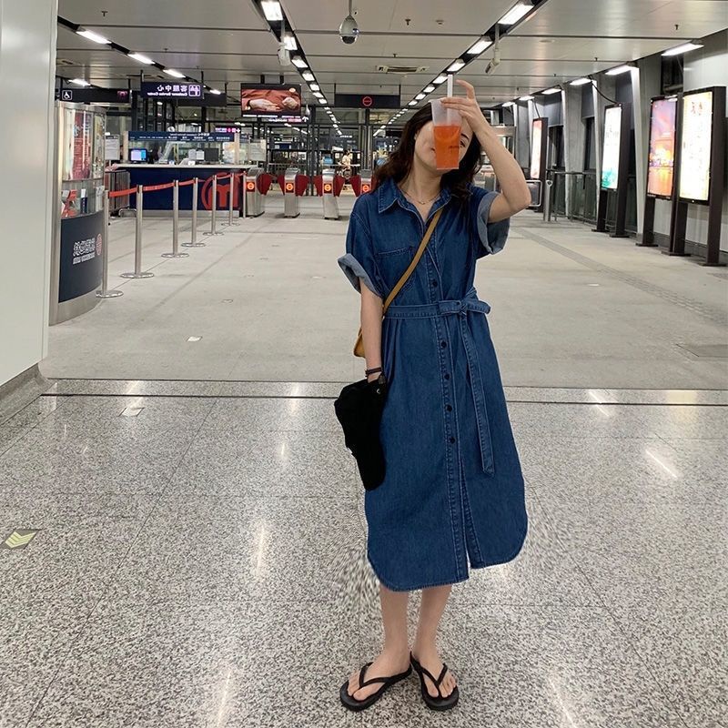 Đầm denim tay ngắn thời trang mùa hè thoải mái dành cho nữ