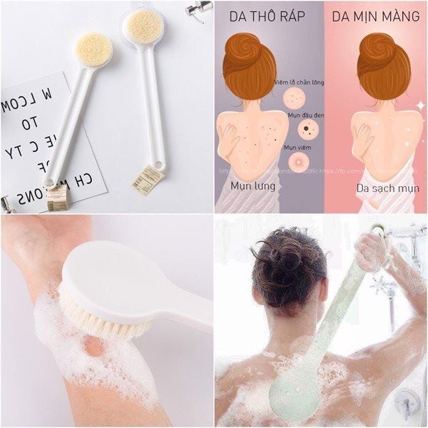 Bông tăm.Cây bàn chải cọ lưng kèm bông tắm tạo bọt - siêu tiện dụng
