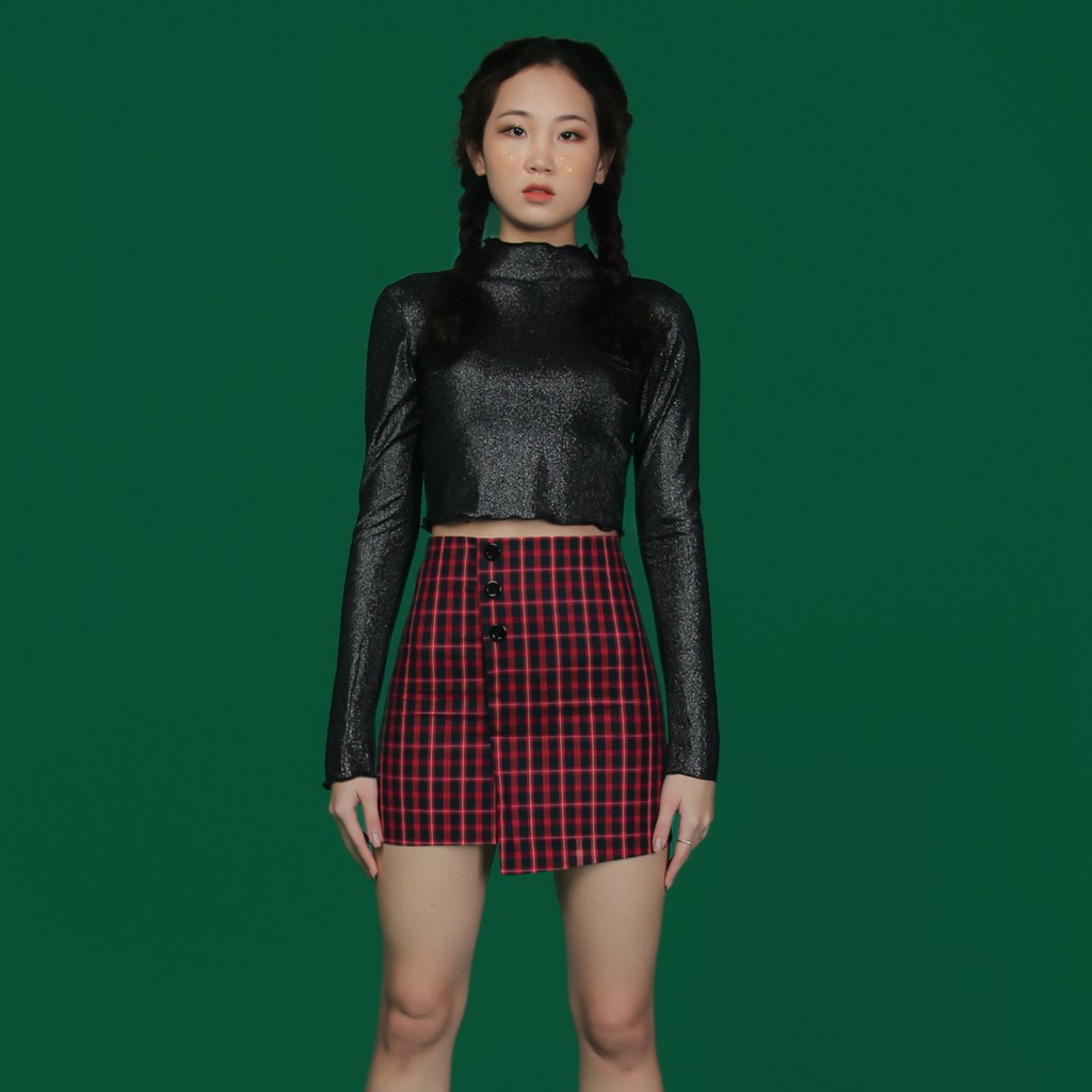 Chân váy caro vạt chéo phối khuy - VIDEO DALLA