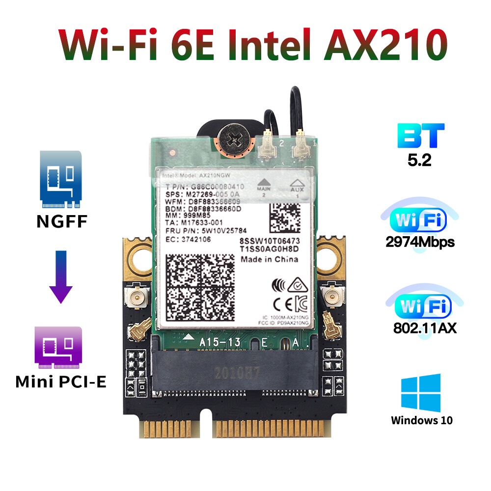 Card WiFi PCI-E Mini 6E Intel AX210 2974Mbps Bluetooth 5.2 M.2 802.11A / ac 160Mhz 2.4G / 5G MU-MIMO OFDMA Cho Máy Tính