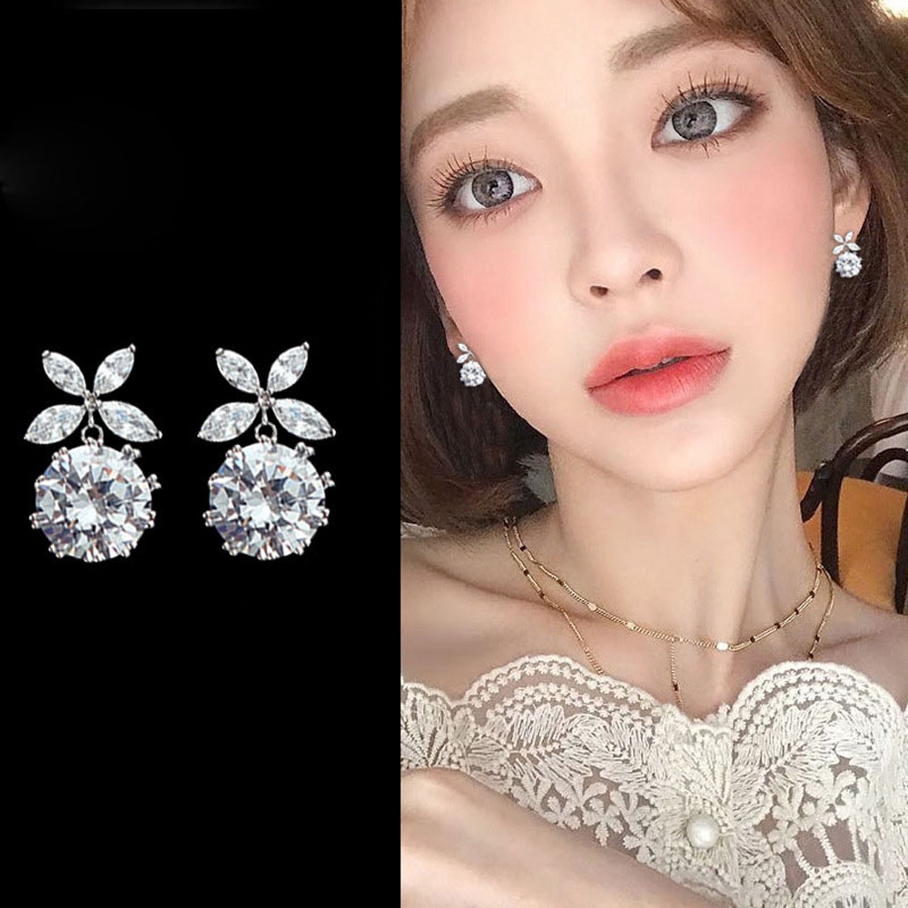 Khuyên tai kim bạc 925 dạng thả khảm đá zircon lấp lánh chống dị ứng