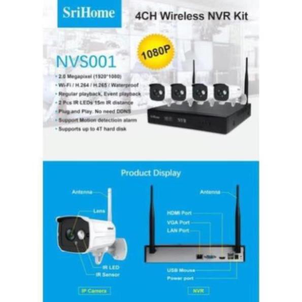 Trọn bộ Kit 4 camera IP SRIHOME NVS001 full HD 1080 + Đầu ghi hình IP 4 kênh