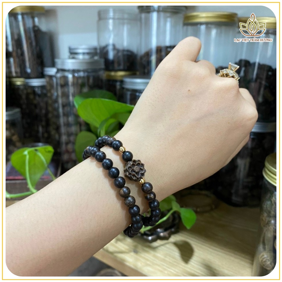 Vòng Tay Trầm Hương Dó Dây Indo 54 Hạt 6mm Kết Hợp Hoa Sen Hoa Sen Trầm Sánh Chìm - Lạc Việt Trầm Hương