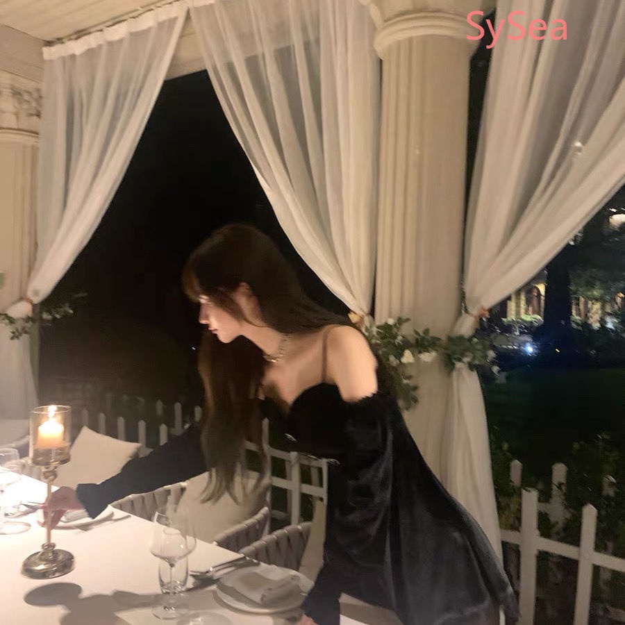 Đầm nhung đen dáng chữ A trễ vai tay dài thời trang mùa hè cho nữ