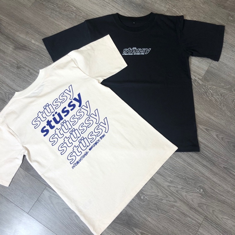 Áo Thun Stussy Bape Basic Tay Lở Form Rộng Unisex Màu Kem Be Đen Vintage