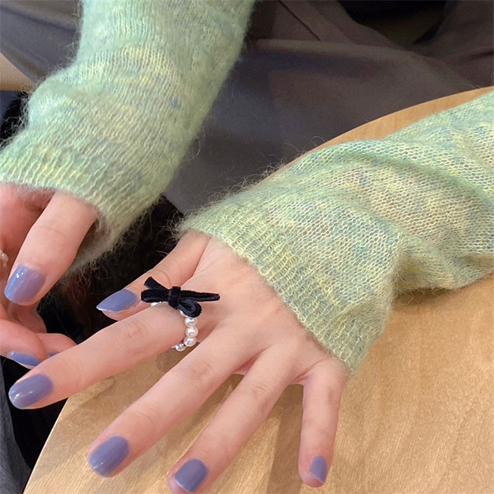 Nhẫn Nhung Đen Đính Ngọc Trai Hình Nơ Sang Trọng Thanh Lịch Cho Nữ