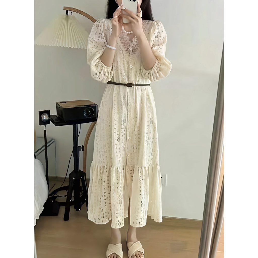 Đầm Chữ A Tay Phồng Cổ Chữ V Phối Ren Thời Trang Hàn Quốc