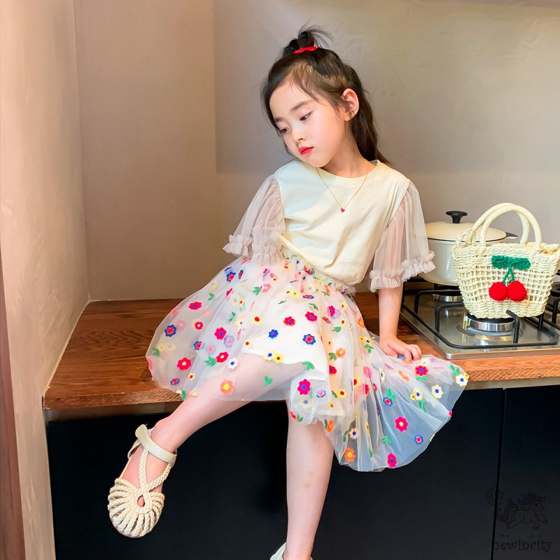 Bộ Áo Cánh Tiên Phối Ren + Chân Váy Lưới Thêu Hoa Thời Trang Dành Cho Bé Gái