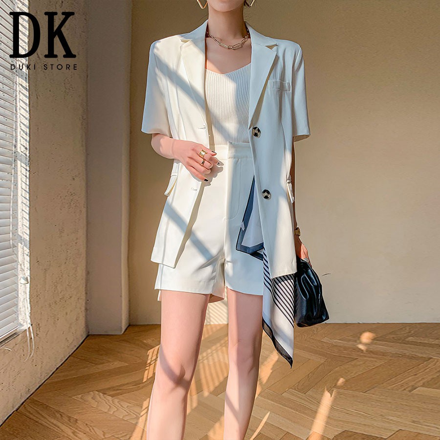 Áo khoác blazer, áo vest blazer nữ ngắn tay dáng dài màu trắng cực yêu - DUKI STORE