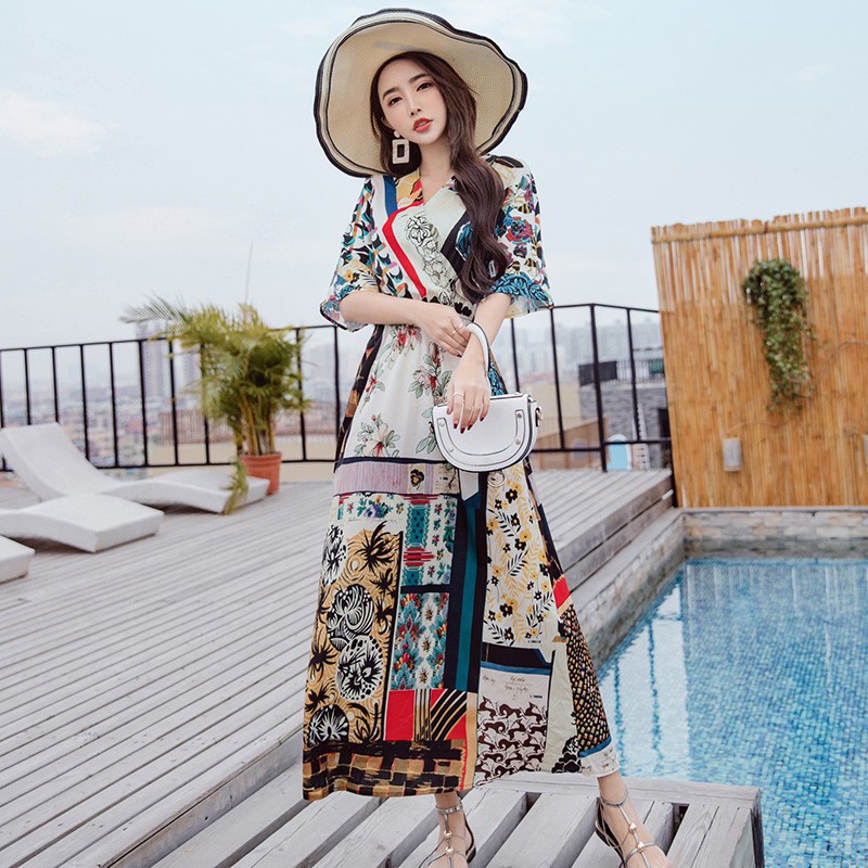 Đầm cổ V dáng dài chất liệu chiffon thời trang biển phong cách bohemian cho nữ | BigBuy360 - bigbuy360.vn