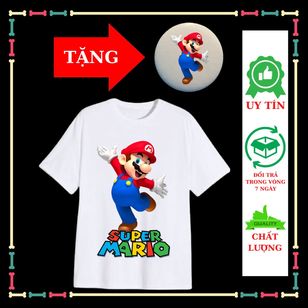 Áo thun Mario bé trai, bé gái, tay ngắn đủ màu sắc, huy hiệu Mario trẻ em