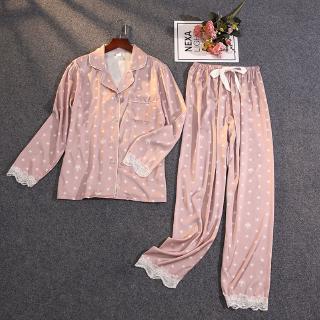 Set Đồ Ngủ Dài Tay Vải Satin Phối Ren Thời Trang Mùa Hè Mới Cho Nữ
