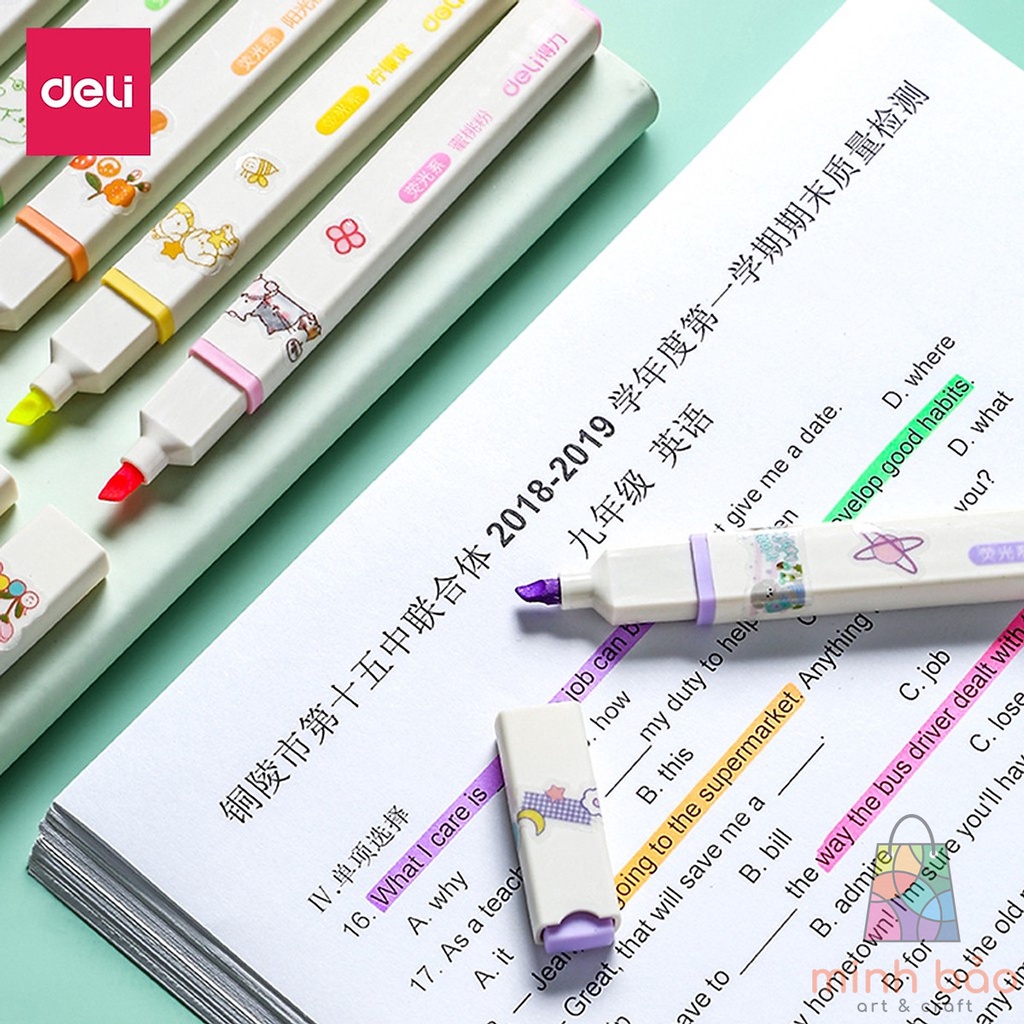 BỘ 6 BÚT HIGHLIGHT NHỚ DÒNG KÈM STICKER TRANG TRÍ ĐÁNH DẤU MÀU PASTEL DELI DẠ QUANG TIỆN LỢI CHO HỌC SINH VĂN PHÒNG