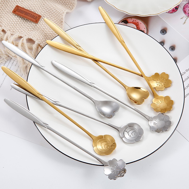 Ready Stock High Quality Forged Stainless Steel Restaurant Household Recyclable Ice-cream Spoon Coffee Spoon Portable Creative Dessert Spoon Food Grade Flower Shape Stirring Spoon