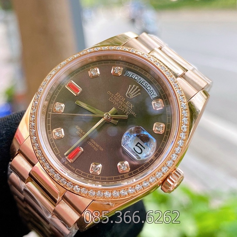 Đồng hồ nam Rolex đồng hồ cơ Automatic mẫu Classic 2 lịch nâu cafe viền đá size 40-41mm