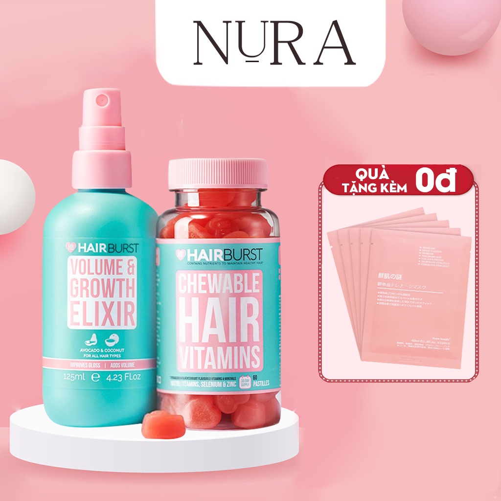 Bộ Đôi Xịt Tóc HairBurst và  Kẹo Dẻo Làm Phồng Kích Mọc Tóc HairBurst Chewable Hair Vitamins 60 Viên