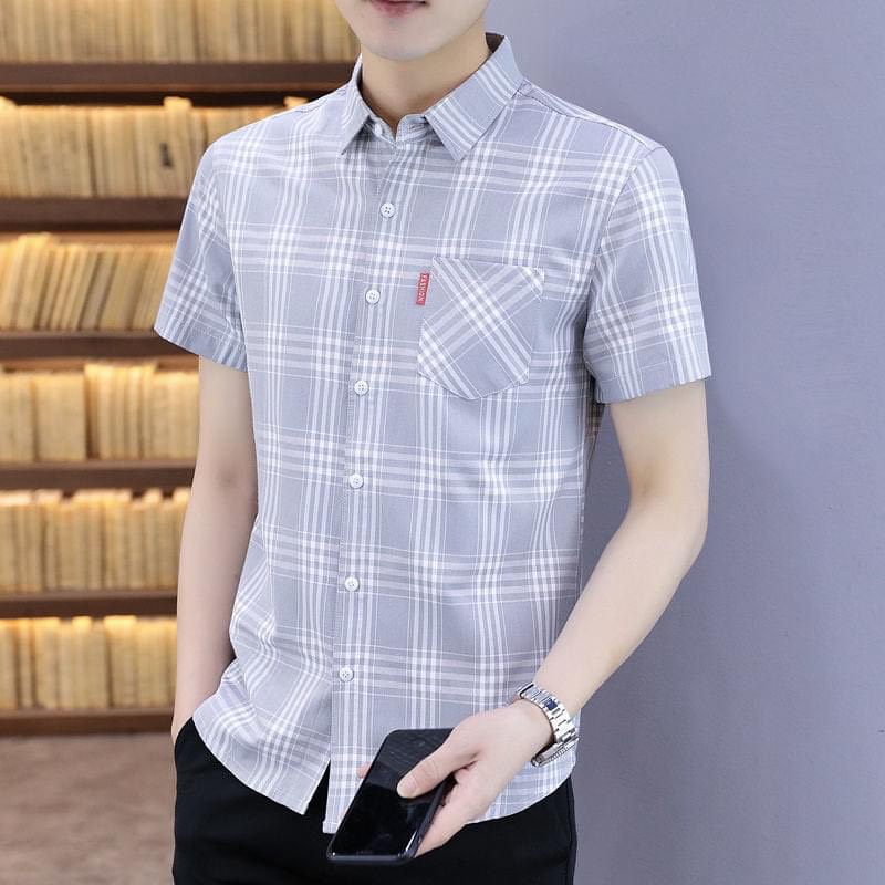 Áo sơ mi nam ngắn tay sọc caro họa tiết chất liệu vải lụa mềm chống nhăn cao cấp nhiều màu sắc
