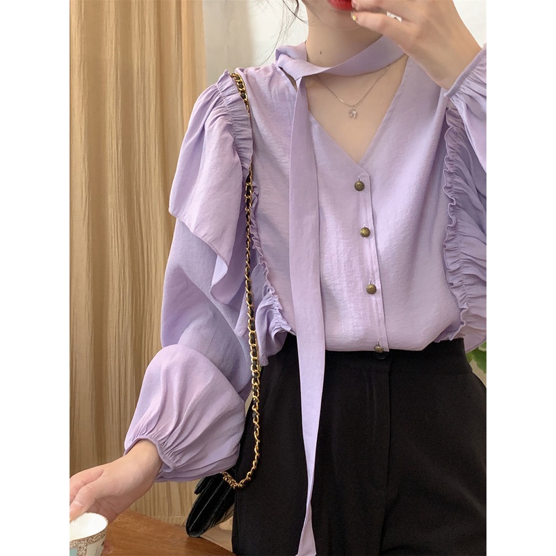 Ethelgirl Áo Sơ Mi Nữ Tay Dài Cổ Chữ v Dáng Rộng Thời Trang