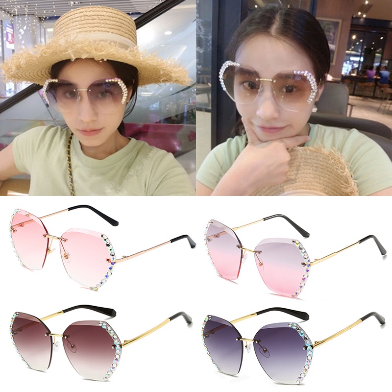 Alicimore Kính Mát Kim Loại Không Viền Cắt Không Viền Đính Kim Cương Trang Trí Cá Tính