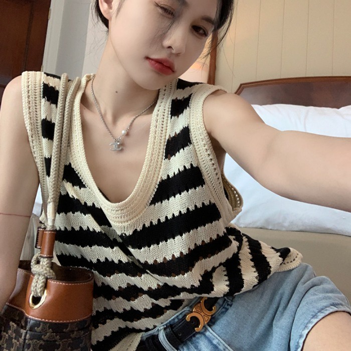 Áo Tanktop len mỏng Dệt Kim Dáng Rộng Kẻ Sọc Cá Tính Thời Trang Hàn Quốc Cho Nữ Kozoda AL2