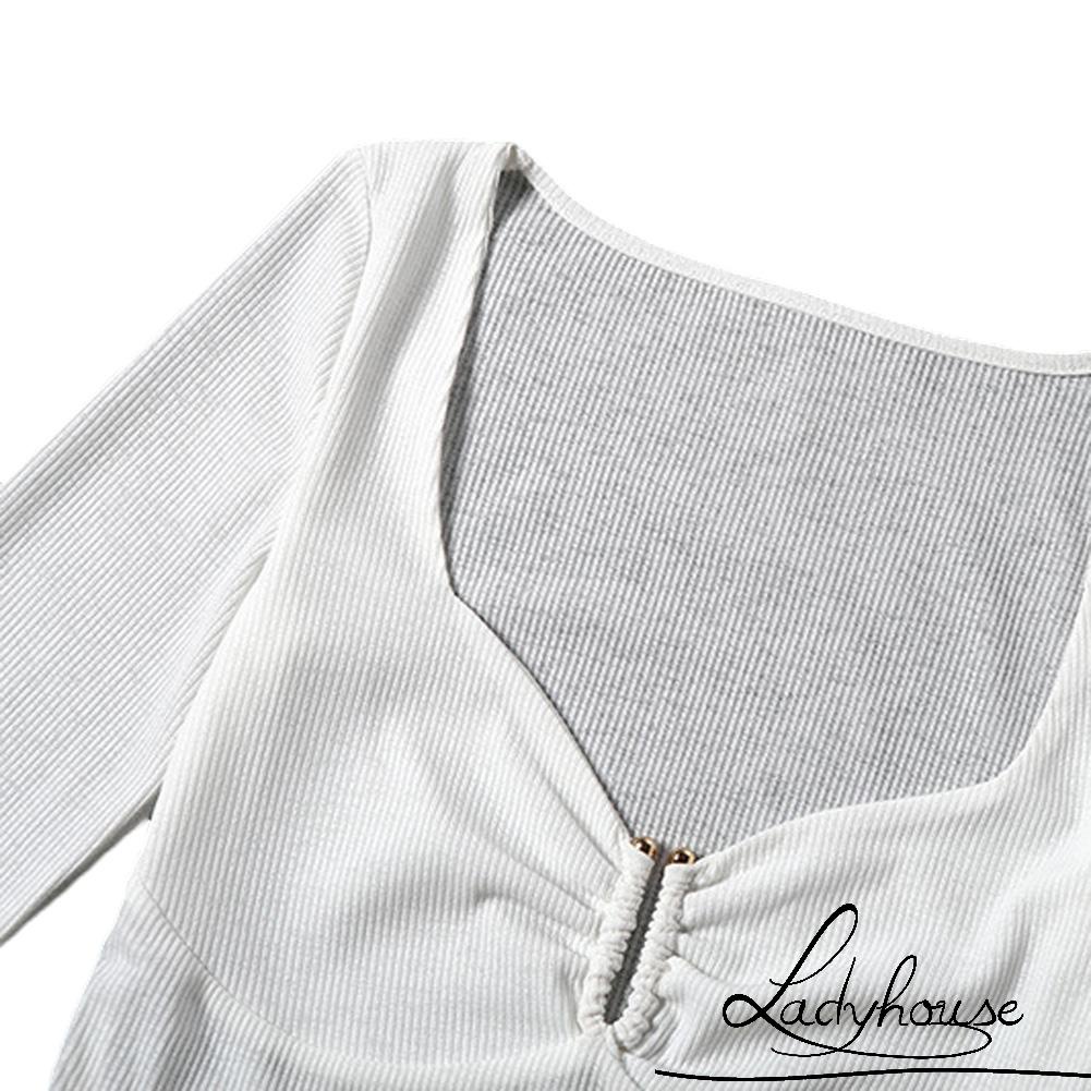LDD-Women Sexy Short Top Long Sleeve V Neck See-Through Mesh Ruffled White Slim Fit T-shirts