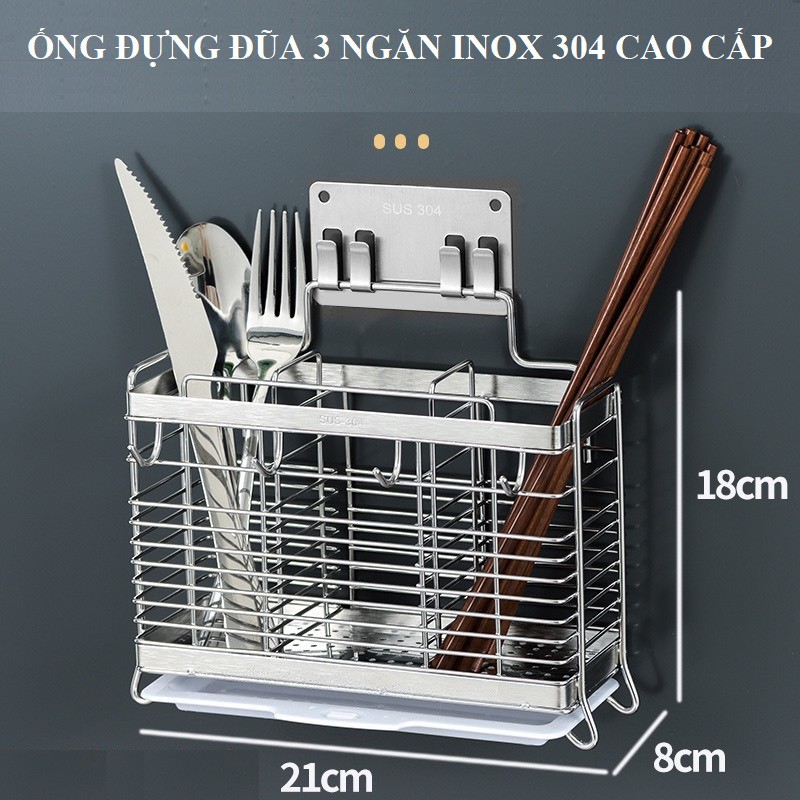 Ống Đựng Đũa Thìa Dĩa 3 Ngăn Inox 304 Dán Tường Cao Cấp