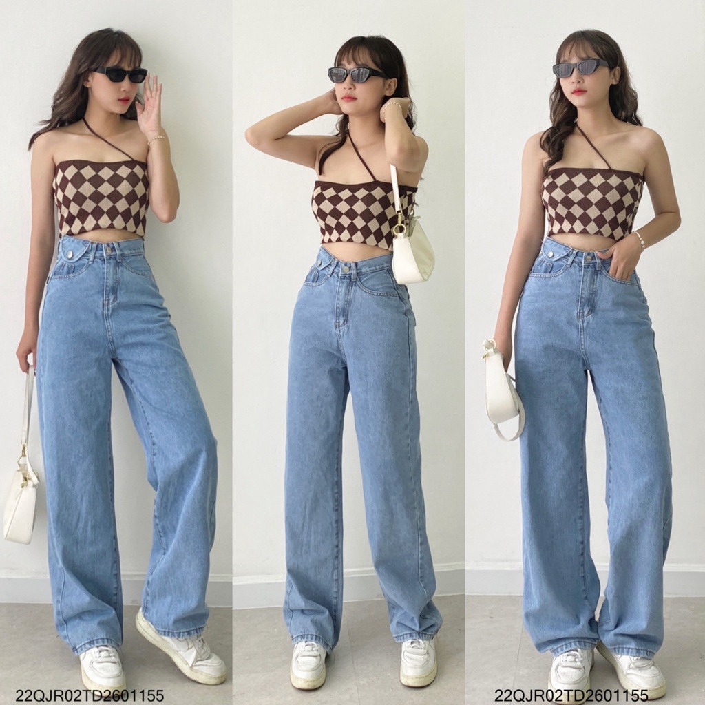Quần jean ống rộng VM STYLE lưng cao phối 1 túi nhỏ, quần bò nữ cạp cao ống suông đứng ullzang Hàn Quốc 22QJR02TD2601