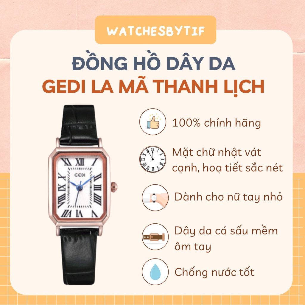 Đồng hồ nữ GEDI HÀN QUỐC dây da mặt vuông 22mm đen viền rose gold dành cho tay nhỏ, free gói quà