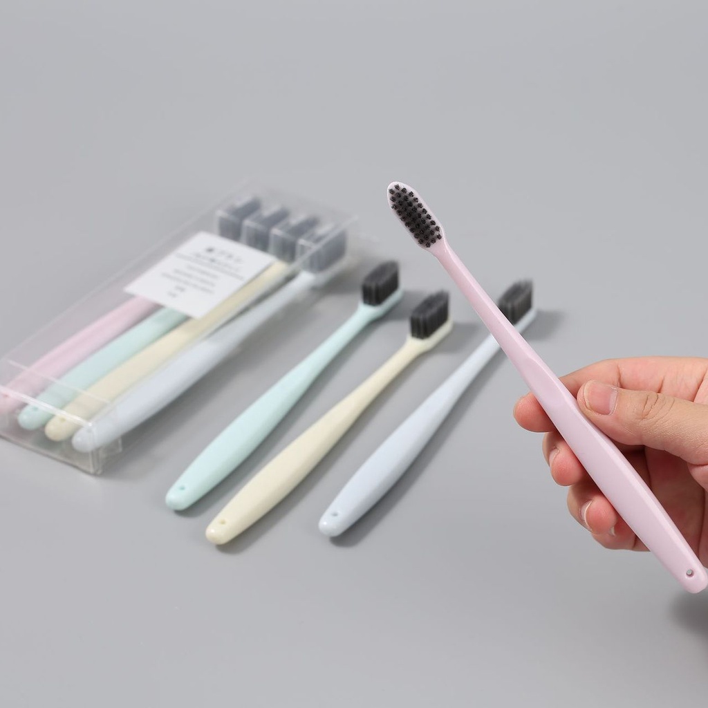 Bộ 4 bàn chải đánh răng than hoạt tính lông mềm, vệ sinh răng miệng kháng khuẩn