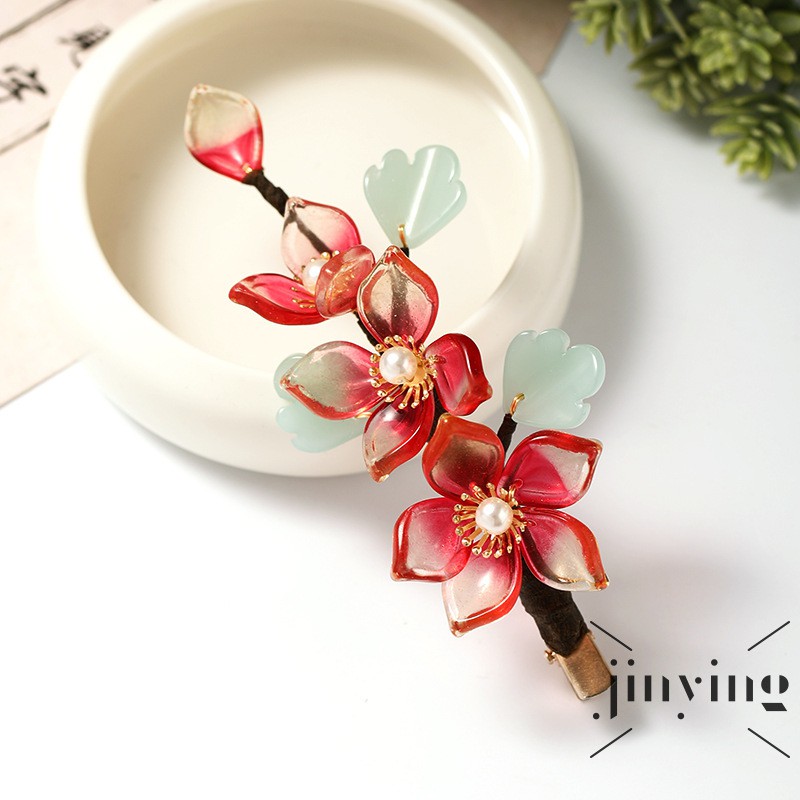 GETNOIVAS Kẹp tóc pha lê màu đỏ hình hoa phong cách cổ trang Trung Quốc