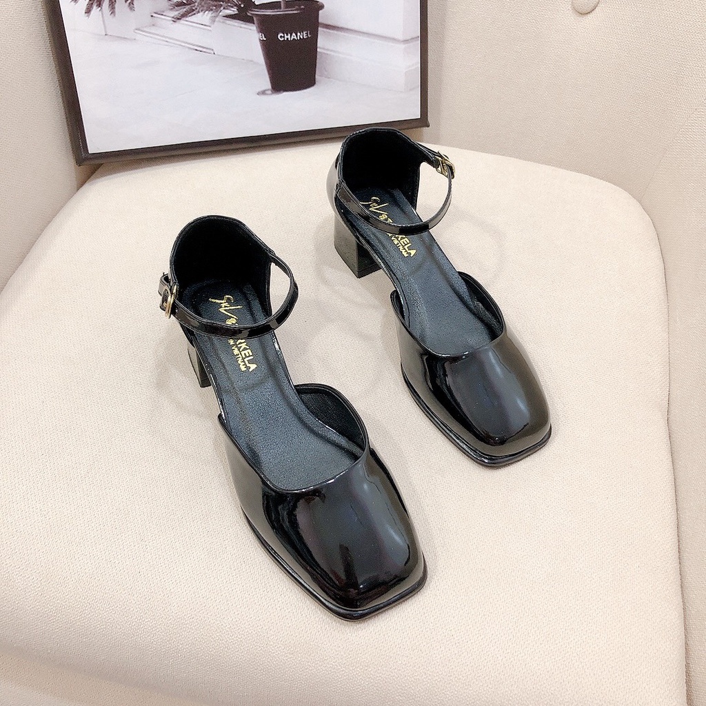 Sandal nữ 3p mũi vuông hậu bít khóa cài chất da bóng mềm đi cực xinh - Chị Chảnh Store