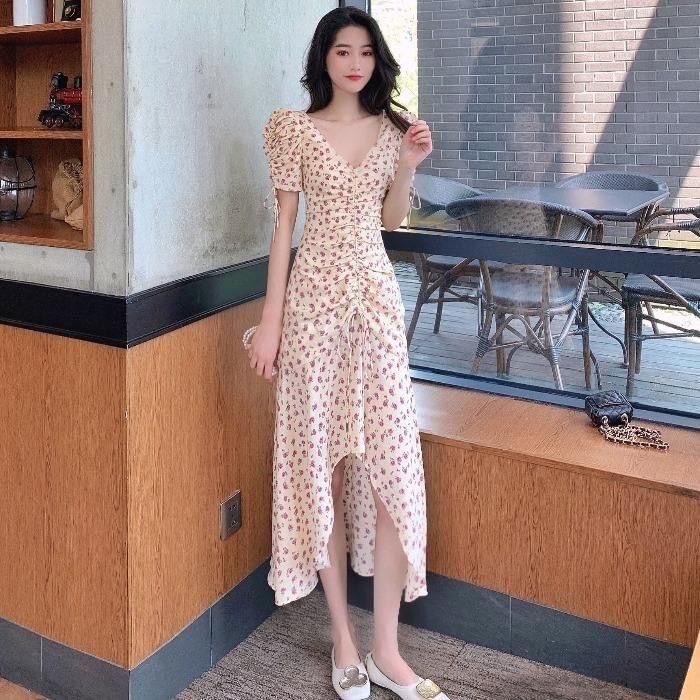 M114 - Váy hoa body Ulzzang cổ V dây rút nơ phần thân đuôi cá dáng dài và ngắn (2 mẫu)