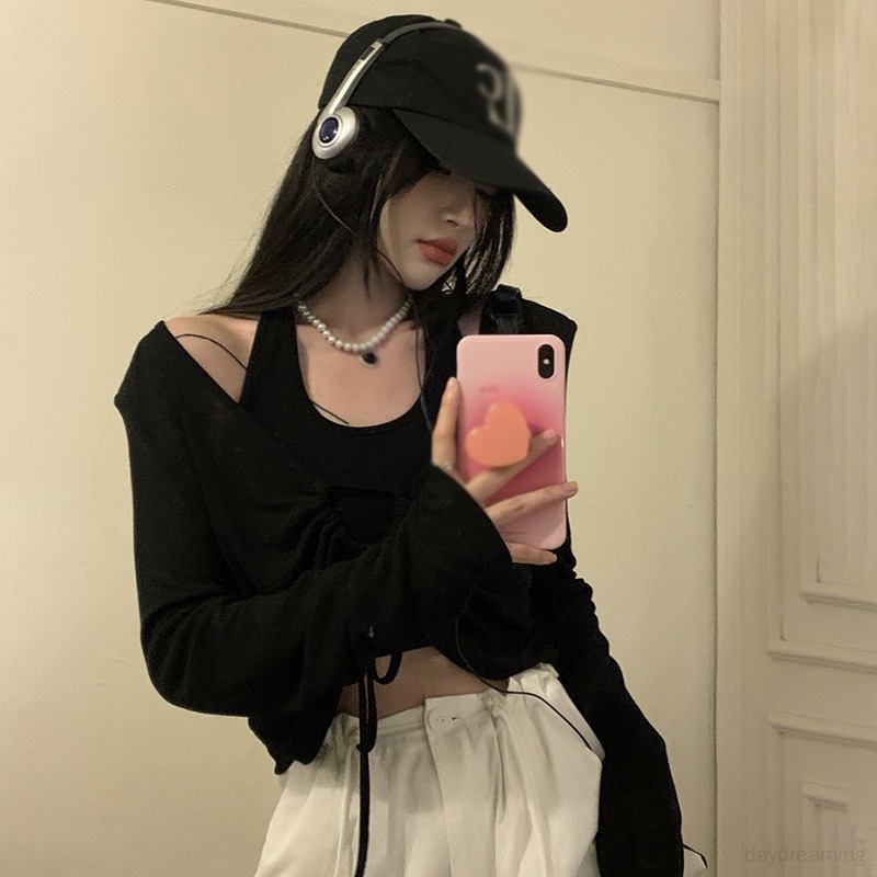 Áo Thun Croptop Dệt Kim Tay Dài Chống Nắng Thiết Kế Dây Rút Phong Cách Hàn Quốc