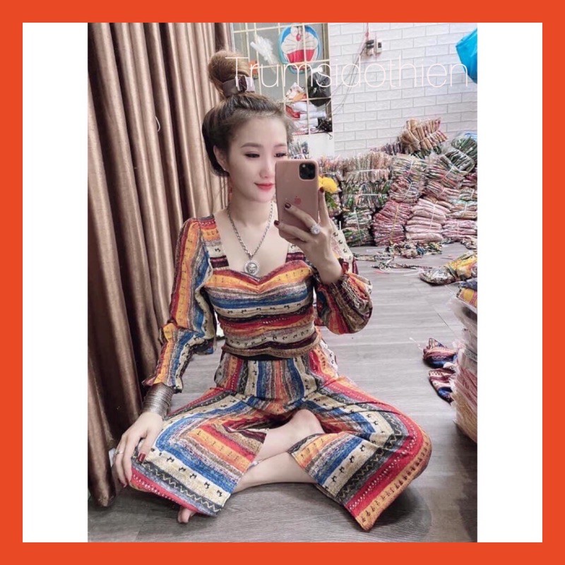 Set thổ cẩm ống rộng có mút ngực , dây rút sang chảnh siêu HOT, đồ bộ, áo kiểu, bộ ống rộng
