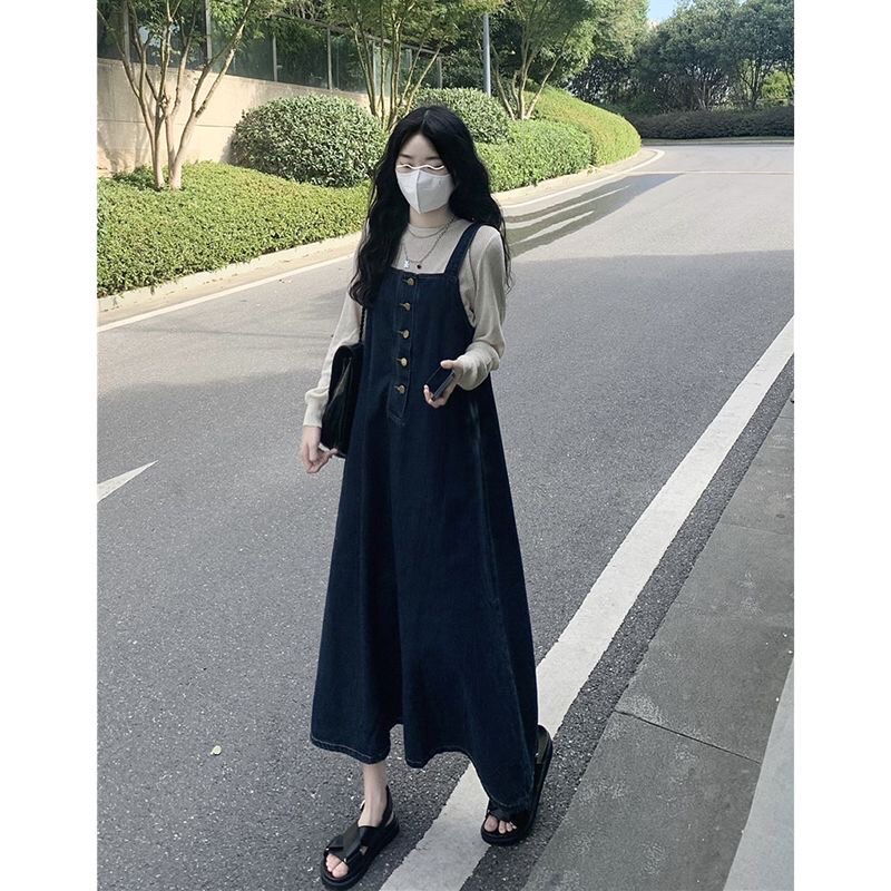 --Váy yếm demin vintage mùa thu kiểu Pháp