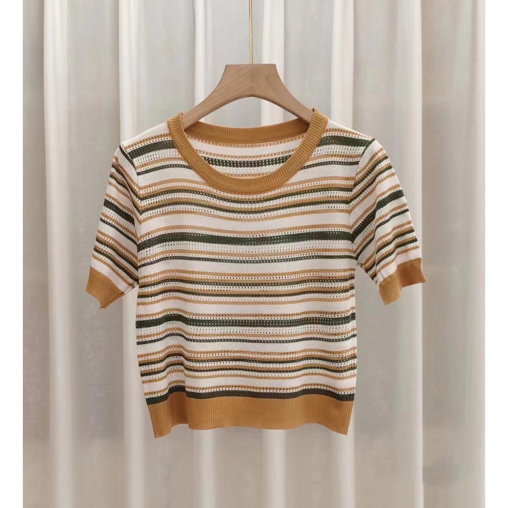 Áo Thun Mỏng Tay Ngắn Kẻ Sọc Thời Trang Mùa Hè 2022 Cho Nữ