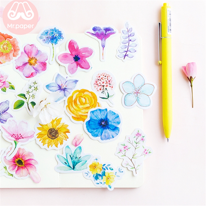 Bộ 45 miếng dán Mr.paper hình bông hoa màu sắc trẻ trung tươi tắn trang trí album/sổ tay/sổ nhật ký