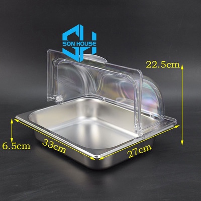 Khay inox có nắp đậy trong suốt hình mái vòm đựng trưng bày thức ăn nấu chín trong siêu thị nhà hàng