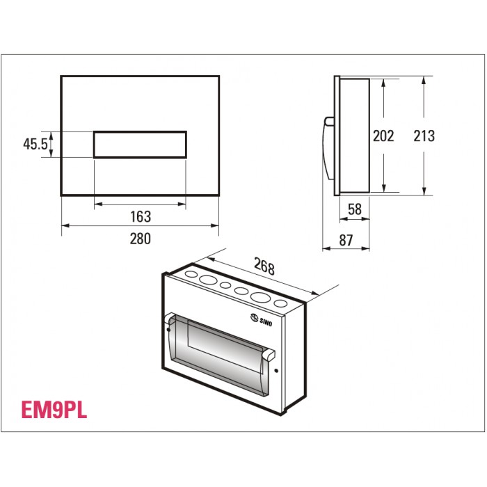 Tủ điện kim loại lắp âm lắp nổi Sino 9 đường chứa 9 CB tép EM9PL - EM9PS