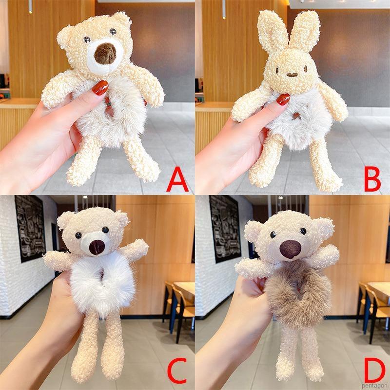 Dây Cột Tóc Cao Su Co Giãn Phối Lông Hình Gấu Dễ Thương Phong Cách Hàn Quốc Cho Nữ