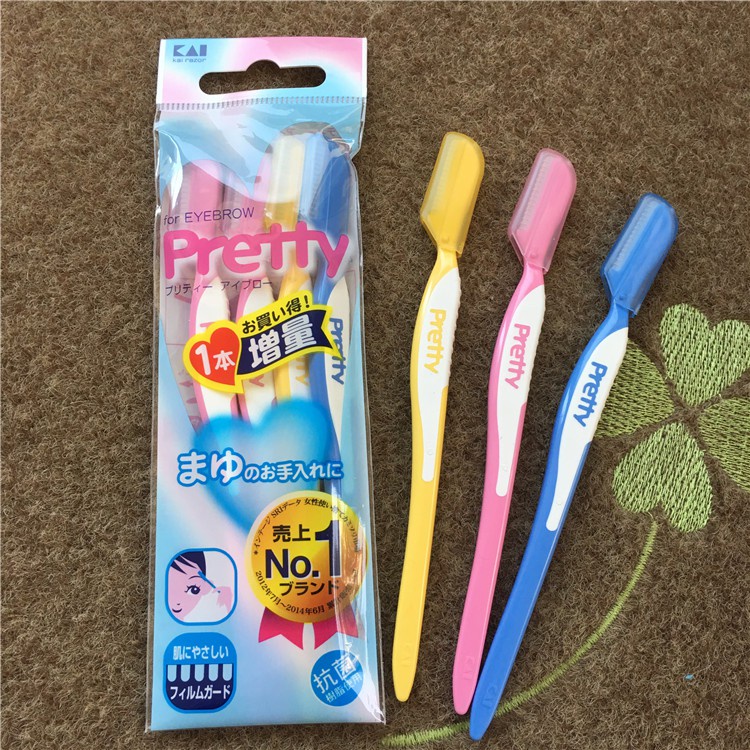 Set 3 dao cạo lông mày Pretty KAI xuất xứ Nhật Bản nhựa kháng khuẩn, lưỡi thép không gỉ