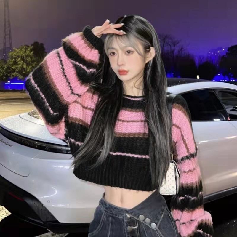 Áo Len Tay Dài Form Croptop Kẻ Sọc Phối Màu Độc Đáo Thời Trang Cá Tính