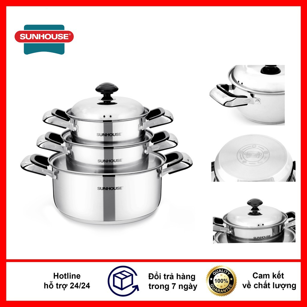 Bộ Nồi Inox 3 Đáy Cao Cấp SUNHOUSE SH333 - Hàng Chính Hãng