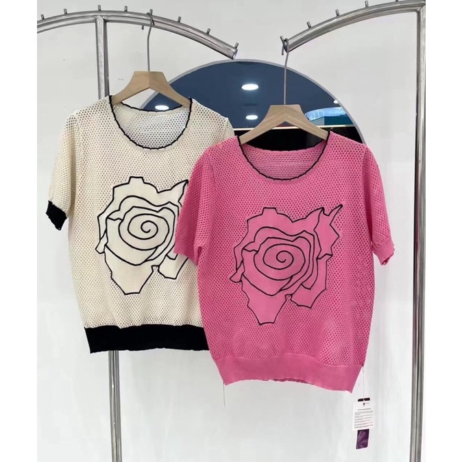 622. ÁO LEN LƯỚI THÊU HOA HỒNG