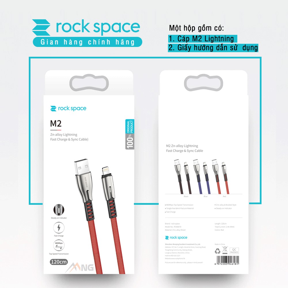 Dây Sạc iPhone Chính hãng Rockspace M2 lightning sạc nhanh có đèn LED bảo hành 1 năm