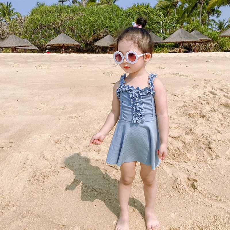 Haha Bộ Đồ Bơi Một Mảnh Phối Bèo Nhún Màu Trơn Thời Trang Mùa Hè Cho Bé Gái