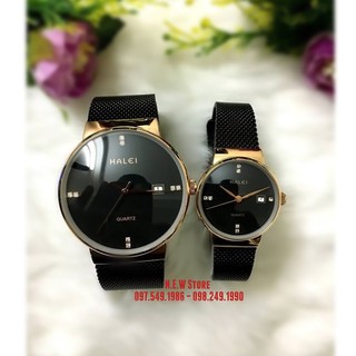 Đồng hồ cặp đôi dây thép lụa Halei Black gold
