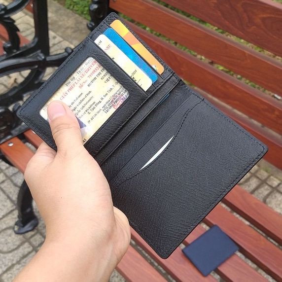 Bóp ví nam mini đựng thẻ card  da Taiga cao cấp 2 màu đen và xanh-Cam kết da thật 100%