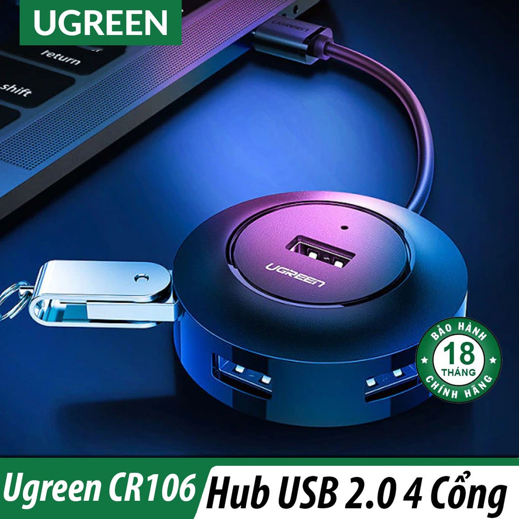 Hub USB 2.0 1 ra 4 cổng Cao cấp Ugreen 20270 20277 Chính hãng CR106 dây 80cm