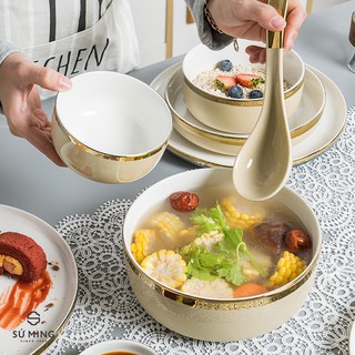 Bộ Bát Đĩa Sứ Màu Trắng Viền 26 Chi Tiết Vàng Sang Trọng, Viền Vàng 24K, Nhiều Màu Sắc Lựa Chọn Quà Tặng Tân Gia.